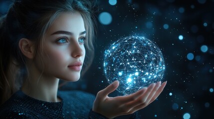 Naklejka premium A woman is holding a glowing sphere in her hand. Generative AI
