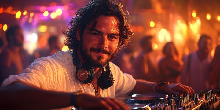 Young caucasian male dj performing at a vibrant nightclub event