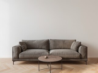 Minimalist living room interior with a grey sofa. a round coffee table. and a white wall