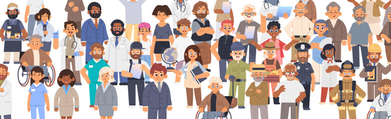 Diverse people group of different professions and ages standing together. Big community flat vector banner