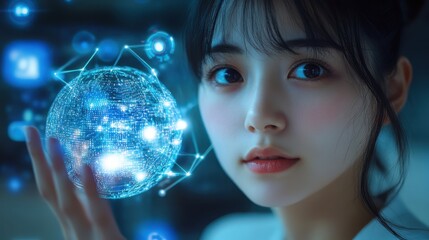 Fototapeta premium A woman is holding a blue sphere that is glowing. Generative AI