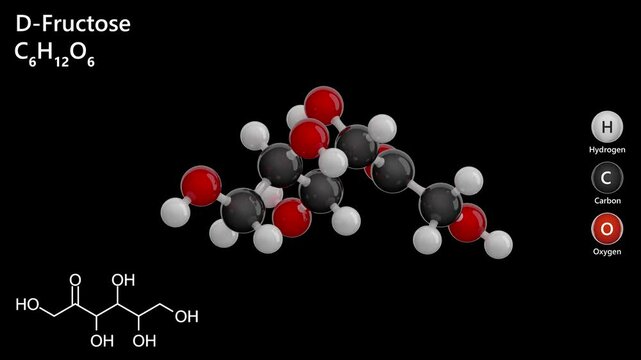 D-Fructose. Sweetener. Animated 3D model of a molecule. Molecular formula: C6H12O6. Chemical model: Ball and stick. Black background. 3D rendering. Seamless loop