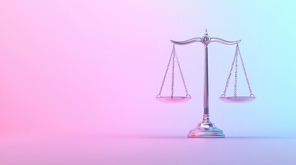 Iridescent glass balance scale on a gradient pastel background highlights harmony and justice