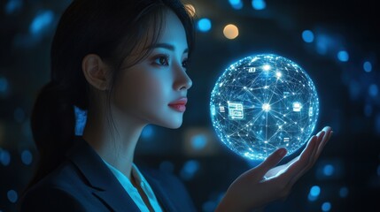 Naklejka premium A woman is holding a blue sphere with a lot of lines and dots on it. Generative AI