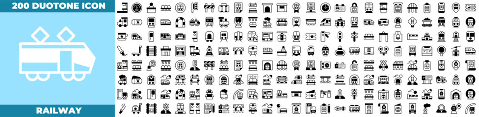 Railway Duotone Editable Icons set. Vector illustration in modern thin duotone style of railway icons: traffic light, road, subway, etc