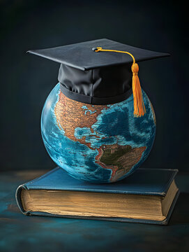 Education to learn study in world. Graduated student studying abroad international idea. Master degree hat on top globe book. Concept of graduate educational for long distane learning - generative ai