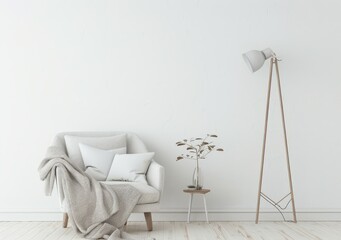 Minimalist living room interior with white armchair. floor lamp. and side table with vase