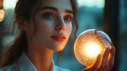 Naklejka premium A woman is holding a glowing ball in her hand. Generative AI