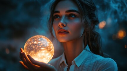 Naklejka premium A woman is holding a glowing ball in her hand. Generative AI