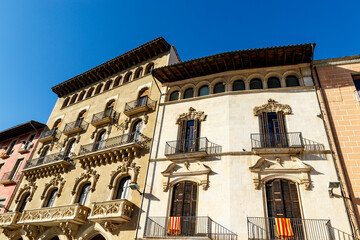 Colorful old houses along the Plaza Mayor de Vic square in Vic, Barcelona, Catalonia, Spain, Europe