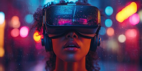Young african female immersed in futuristic urban virtual reality experience