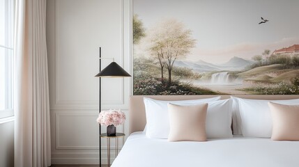 Luxurious hotel room showcasing a hand-painted mural of the Chinese landscape and fresh flowers, creating a warm and inviting atmosphere