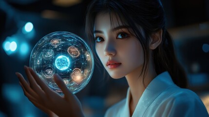Naklejka premium A woman is holding a glowing ball in her hand. Generative AI