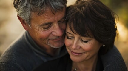 Couple sharing a tender moment, such as a hug or affectionate gaze, illustrating romantic adoration