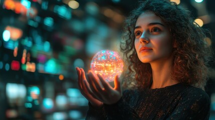Naklejka premium A woman is holding a glowing orb in her hand. Generative AI