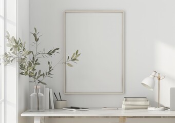 A minimalistic home office with a blank poster frame on the wall. a lamp. books. and a plant on a white desk