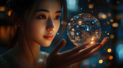 Naklejka premium A woman is holding a glowing orb in her hand. Generative AI