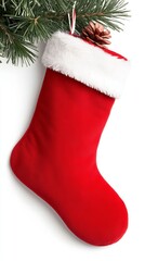 A red Christmas stocking with a white fur trim, hanging on a white background. Pine branches are above it.