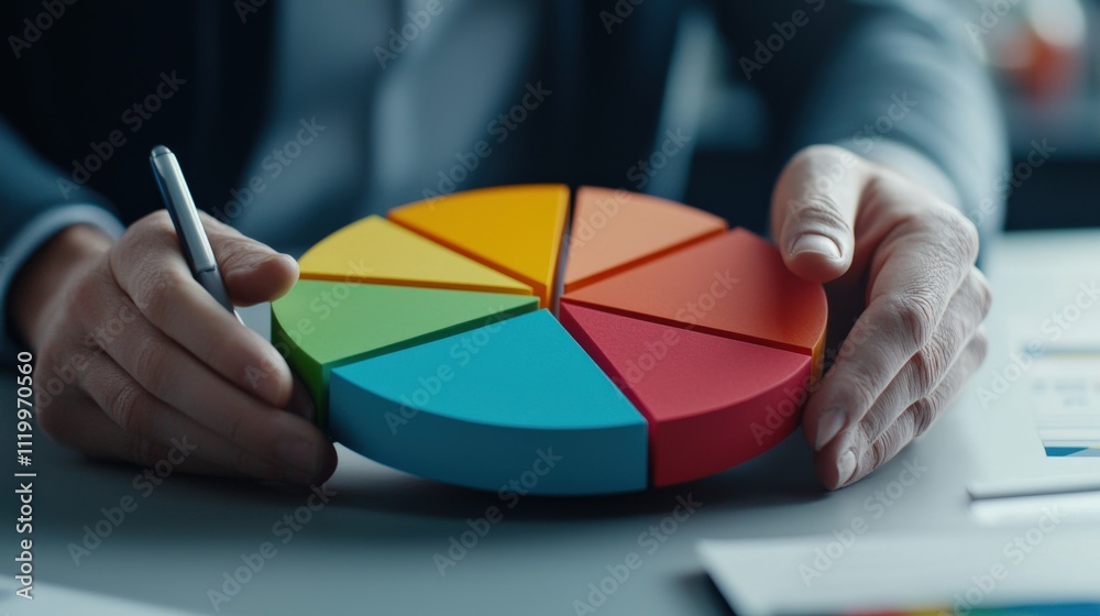 Poster close-up of a colorful pie chart on a financial dashboard, representing market analysis and strategi