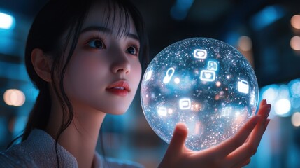 Naklejka premium A woman is holding a ball with a lot of icons on it. Generative AI