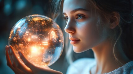 Naklejka premium A woman is holding a glowing orb in her hand. Generative AI