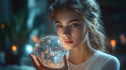 Naklejka premium A woman is holding a crystal ball with a glowing light inside. Generative AI