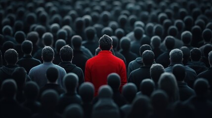 Obraz premium Standing out from the crowd with bright red jacket in a dark gathering of people