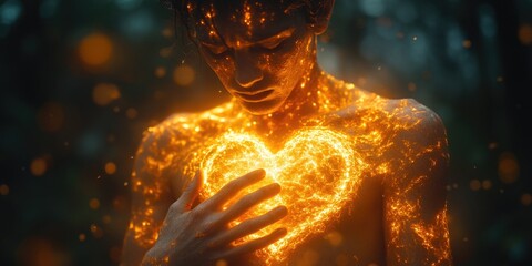 Young male with glowing heart and fiery aura in mysterious forest at dusk