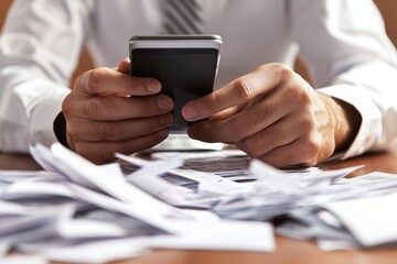 Individual scanning receipts for expense management in a modern office environment with a focus on financial organization and efficiency