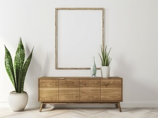 A modern living room interior with a wooden cabinet. plants. and a blank frame on a white wall