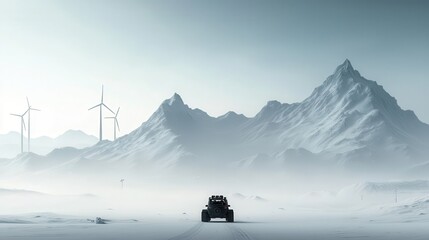 Fototapeta premium Offroad electric vehicle adventuring through snowy mountains remote landscape digital art serene environment low angle view exploration concept