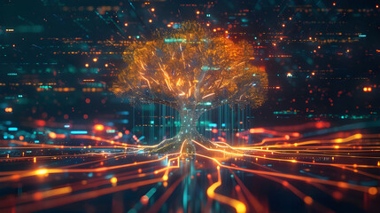 Fototapeta premium Digital tree with glowing roots and branches, representing data network growth.