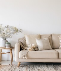 A beige couch with throw pillows and a blanket sits in a minimalist living room