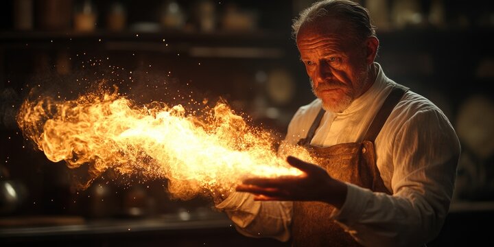 Elderly caucasian male blacksmith playing with fire in workshop