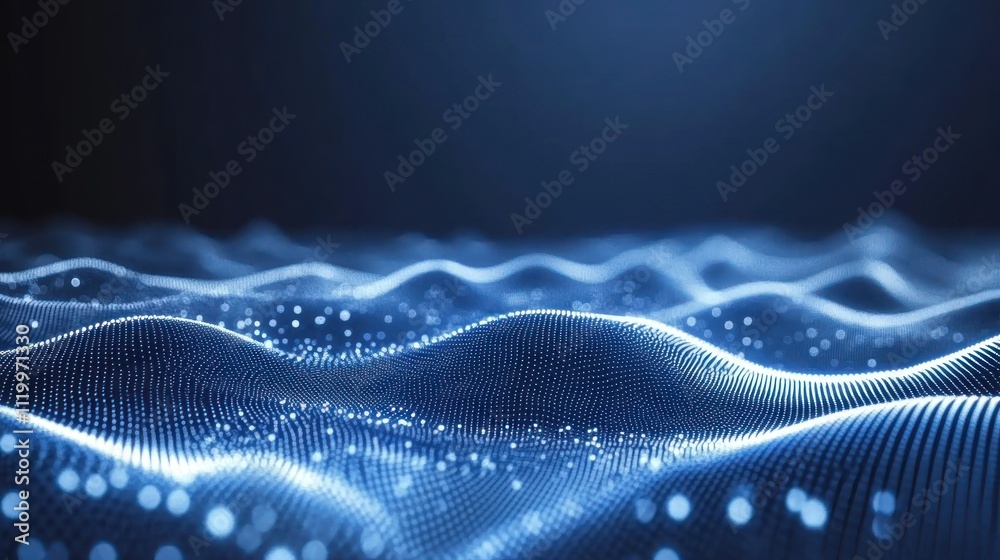 Poster abstract representation of waves and particles in a digital environment.