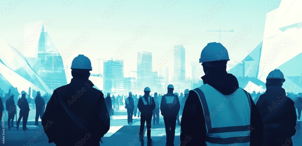 Poster Workers in hard hats observing a construction site with a city skyline in the background.