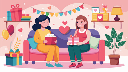 Two smiling women are sitting on a sofa, exchanging gifts during a valentine's day celebration in a cozy home environment, surrounded by presents and festive decorations