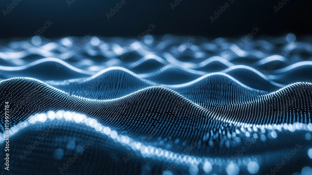 Poster Abstract representation of digital waves with glowing particles.