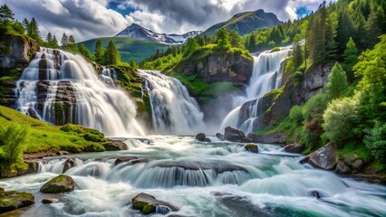 Obraz premium Majestic waterfalls cascading down a rocky mountainside surrounded by lush greenery