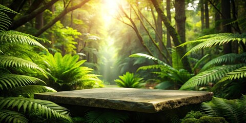 Stone Platform in a Lush, Sun-Dappled Jungle Setting