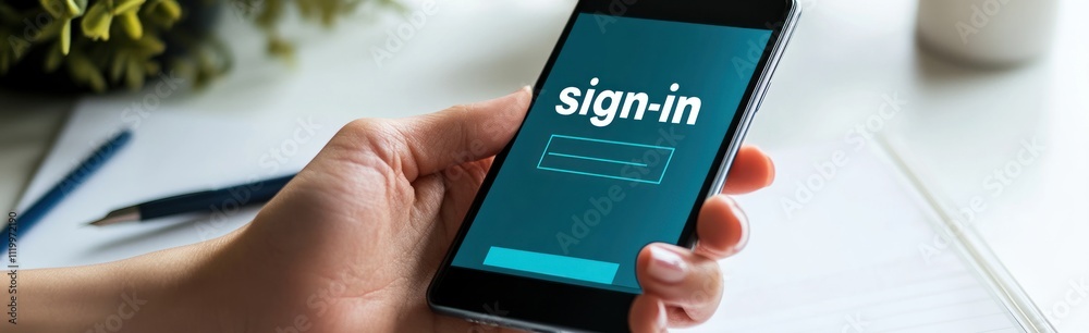 Poster A hand holding a smartphone displaying a sign-in screen, indicating digital access.