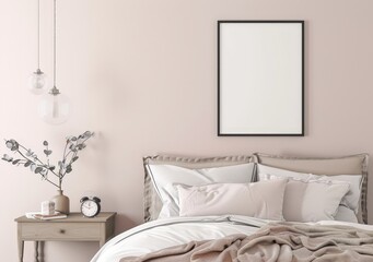 A minimalist bedroom interior with a bed. bedside table. and a blank picture frame