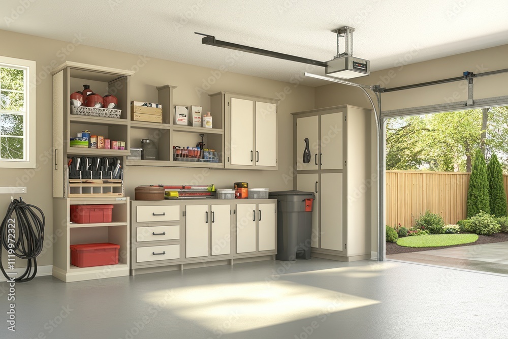 Aufkleber A tidy garage with storage, workbench, and tools, designed for organization and functionality.