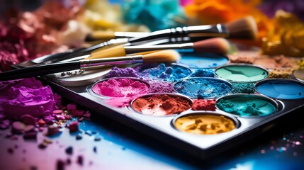 Obraz premium Colorful makeup palette with brushes and crushed pigments.