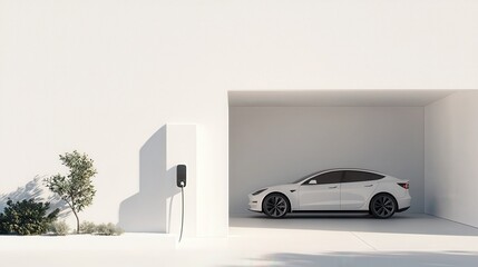 Innovative smart home ecosystem with electric vehicle charging station modern residential garage digital art minimalist design futuristic perspective