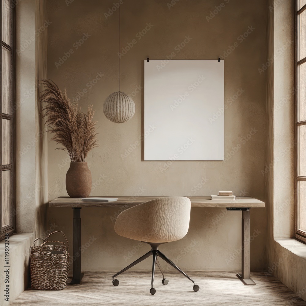 Aufkleber a minimalistic workspace featuring a desk, chair, and decorative elements in a serene setting.