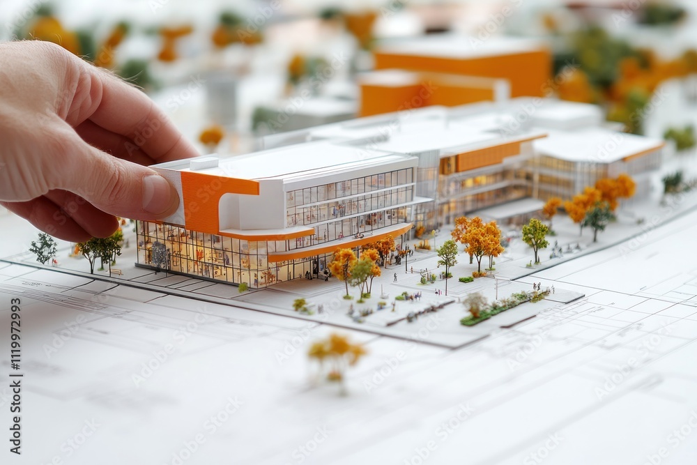 Poster a hand adjusts a model of a modern building with landscaping and trees.