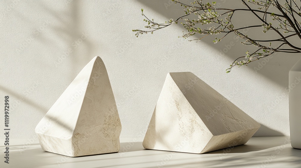 Poster Two geometric stone sculptures on a surface with soft lighting and a branch in a vase.
