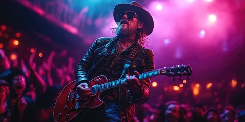 Male musician performing live with guitar in vibrant concert scene