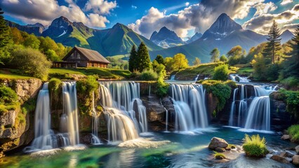 Fototapeta premium Breathtaking Mountain Waterfall Landscape with Lush Greenery and Rustic Cabin